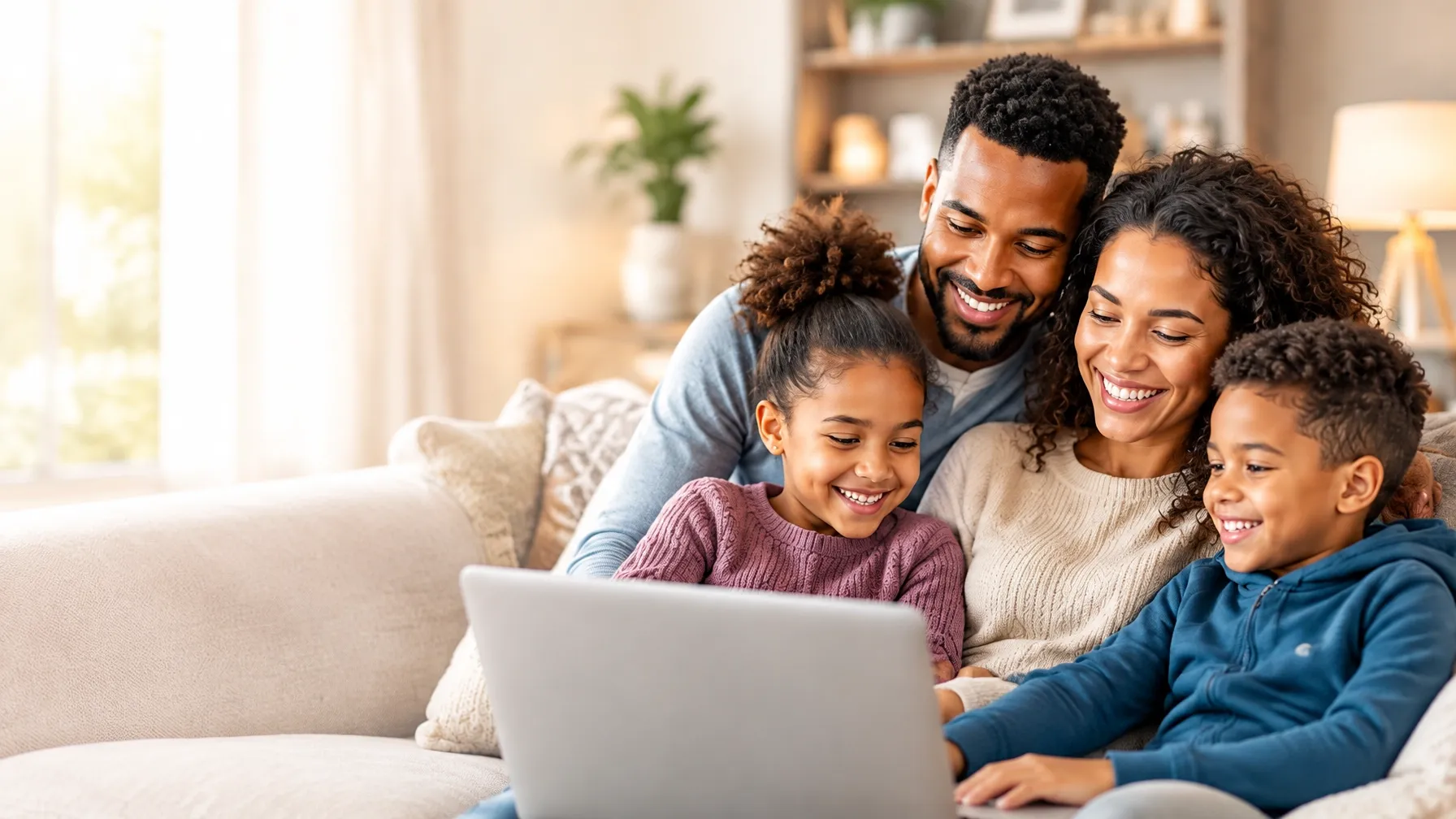 Family spending time together at home with their laptop